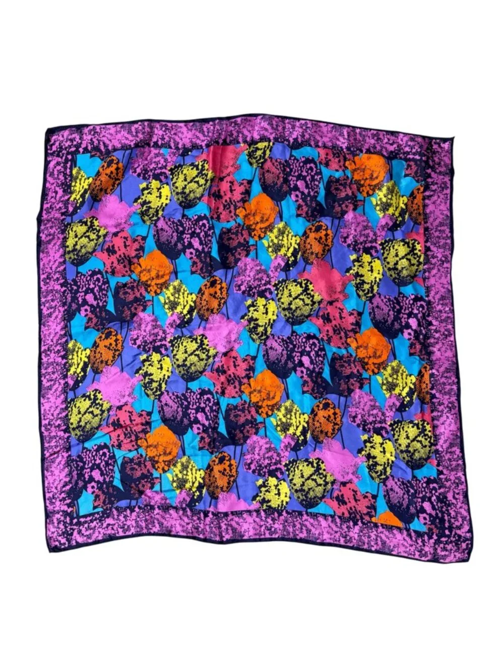 Silk Scarf Japan Pop Art Tulip Floral 1980s Vintage Purple Navy Neon Flowers